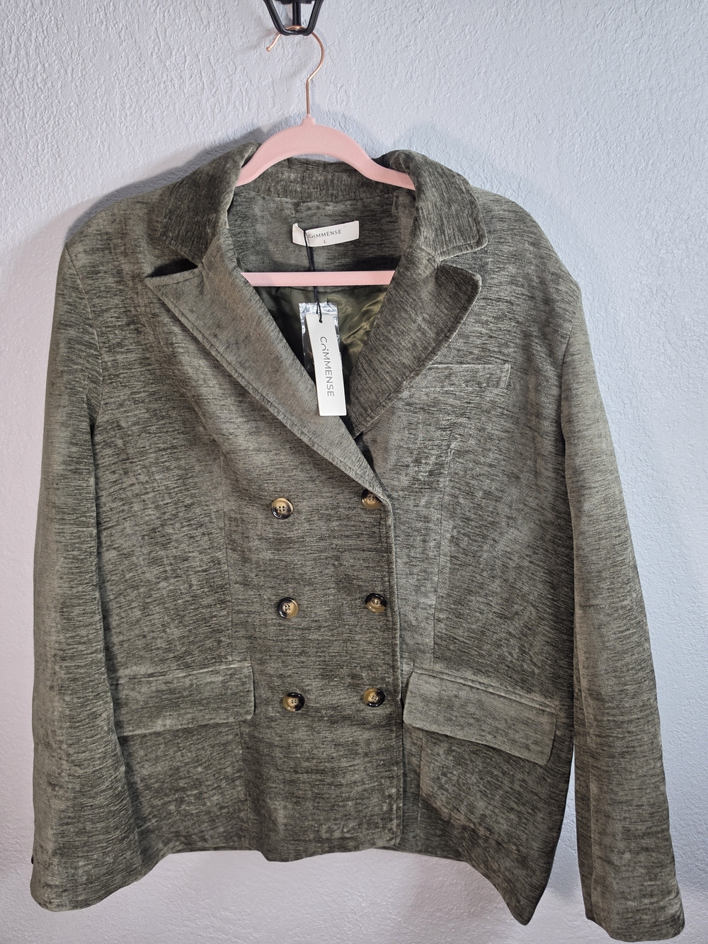 NWT COMMMENSE Olive Green Textured Double Breasted Blazer Sz L